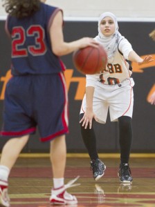 Basketball player Yasmeen Amer (pic via Kaitlin McKeown, Daily Press / February 2, 2012).
